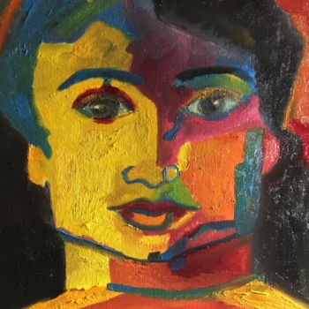 Peinture intitulée ""Visage multi-color"" par Claire Marie Gay, Œuvre d'art originale, Huile Monté sur Panneau de bois