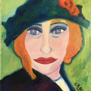 Peinture intitulée ""Le chapeau bleu"" par Claire Marie Gay, Œuvre d'art originale, Huile Monté sur Panneau de bois