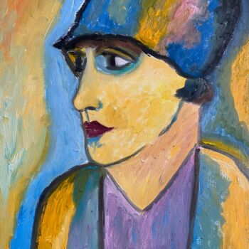 Pittura intitolato ""Le chapeau bleu ..…" da Claire Marie Gay, Opera d'arte originale, Olio Montato su Pannello di legno