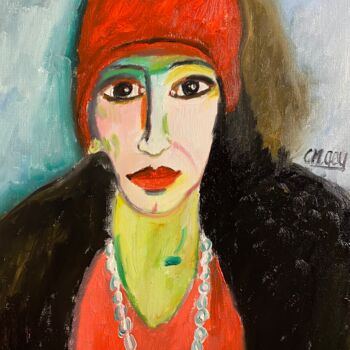 Painting titled ""La femme au chapea…" by Claire Marie Gay, Original Artwork, Oil Mounted on Wood Panel