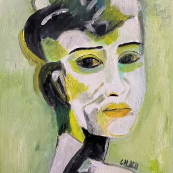 Painting titled ""Audrey ou le sens…" by Claire Marie Gay, Original Artwork, Oil Mounted on Wood Panel