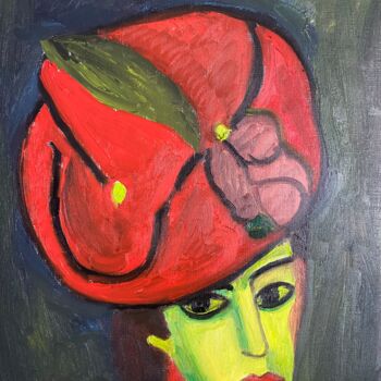 Peinture intitulée ""Le chapeau rouge"" par Claire Marie Gay, Œuvre d'art originale, Huile Monté sur Panneau de bois