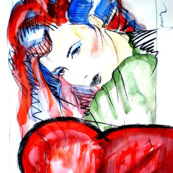 Painting titled "Red Chaire Lady" by Claire, Original Artwork, Watercolor