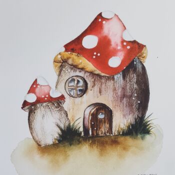 Pittura intitolato "Mushroom House - Or…" da Clara Monnerot (L'Atelier Clara Del Sol), Opera d'arte originale, Acquarello