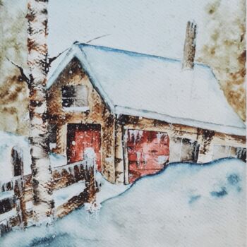 Peinture intitulée "Barn Under The Snow…" par Clara Monnerot (L'Atelier Clara Del Sol), Œuvre d'art originale, Aquarelle