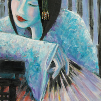 Painting titled "Japonaise à l'évent…" by Claude Bordat, Original Artwork, Oil Mounted on Wood Stretcher frame