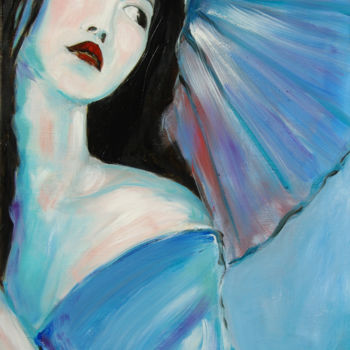 Malerei mit dem Titel "Japonaise fond bleu" von Claude Bordat, Original-Kunstwerk, Öl Auf Keilrahmen aus Holz montiert