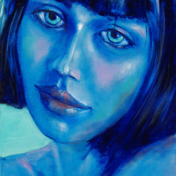 Painting titled "Modèle bleu" by Claude Bordat, Original Artwork, Oil Mounted on Wood Stretcher frame