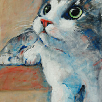 Peinture intitulée "chat curieux" par Claude Bordat, Œuvre d'art originale, Huile Monté sur Châssis en bois