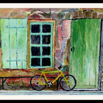 Painting titled "Le vélo jaune ( mai…" by Claude Evrard, Original Artwork, Acrylic Mounted on Glass