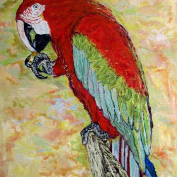 Schilderij getiteld "Le perroquet rouge" door Claude Evrard, Origineel Kunstwerk, Acryl Gemonteerd op Plexiglas