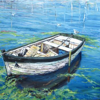Painting titled "La barque" by Claude Evrard, Original Artwork, Oil Mounted on Wood Stretcher frame