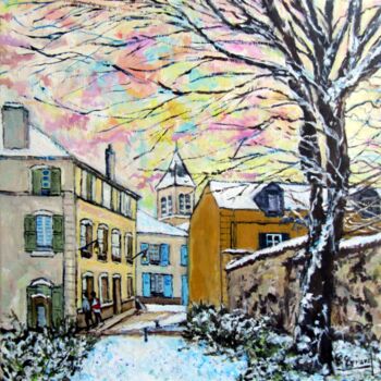Painting titled "Neige sur Crosne" by Claude Evrard, Original Artwork, Acrylic Mounted on Wood Stretcher frame