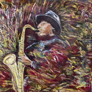 Painting titled "SAXO" by Claude Evrard, Original Artwork, Oil Mounted on Wood Stretcher frame