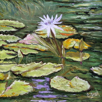 Painting titled "FLORAISON AQUATIQUE" by Claude Evrard, Original Artwork, Oil Mounted on Wood Stretcher frame