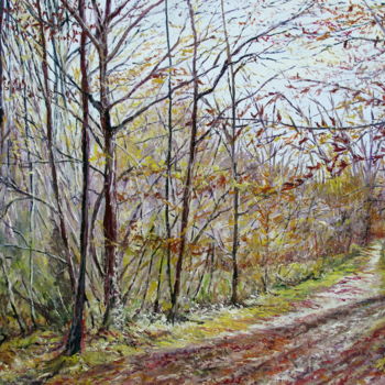Painting titled "L'ALLEE BUISSONNIERE" by Claude Evrard, Original Artwork, Oil Mounted on Wood Stretcher frame
