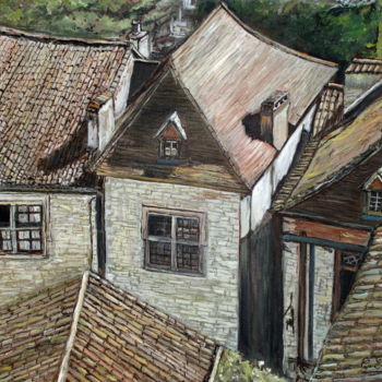 「MOSAIQUE (Village d…」というタイトルの絵画 Claude Evrardによって, オリジナルのアートワーク, オイル ウッドストレッチャーフレームにマウント