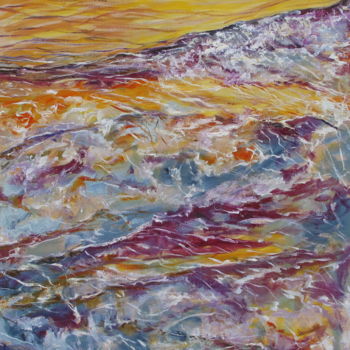 Painting titled "VAGUES AU COUCHANT" by Claude Evrard, Original Artwork, Oil Mounted on Wood Stretcher frame