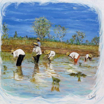 Painting titled "LA RIZIERE (Thailan…" by Claude Evrard, Original Artwork, Oil Mounted on Wood Stretcher frame