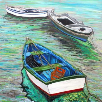 Painting titled "APRES LA PECHE (Ile…" by Claude Evrard, Original Artwork, Oil Mounted on Wood Stretcher frame