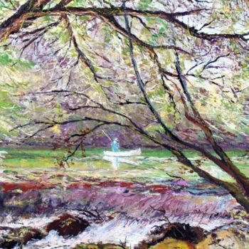 Painting titled "La rivière sous les…" by Claude Evrard, Original Artwork, Oil Mounted on Wood Stretcher frame