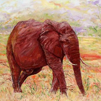 Painting titled "L'éléphant rouge (R…" by Claude Evrard, Original Artwork, Oil Mounted on Wood Stretcher frame