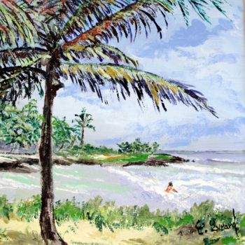 Schilderij getiteld "La plage (Guadeloup…" door Claude Evrard, Origineel Kunstwerk, Acryl Gemonteerd op Frame voor houten br…