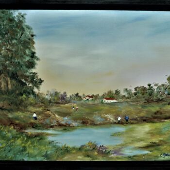 Peinture intitulée "Au bord de l'étang" par Claude Gobalian, Œuvre d'art originale, Huile