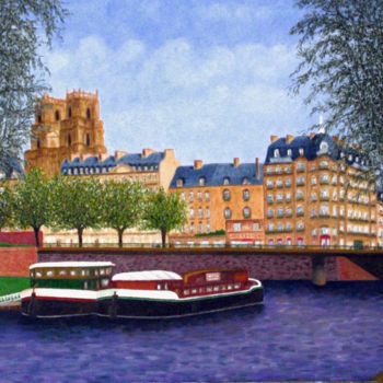 Peinture intitulée "péniches à Rennes.j…" par Claude Guillemet, Œuvre d'art originale, Huile Monté sur Châssis en bois