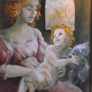Pintura titulada "La Vierge au chat" por Claude Hardenne, Obra de arte original