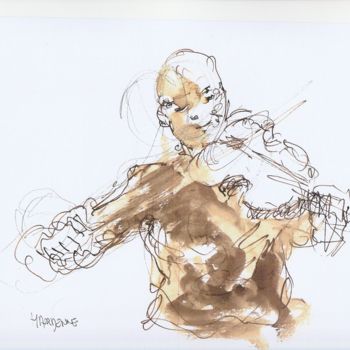 Drawing titled "VIOLONISTE DE JAZZ" by Claude Hardenne, Original Artwork