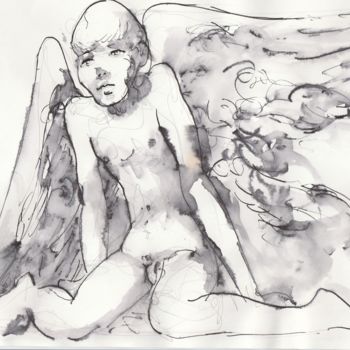 Drawing titled "Angelot triste" by Claude Hardenne, Original Artwork