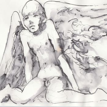 Dessin intitulée "Angelot triste" par Claude Hardenne, Œuvre d'art originale