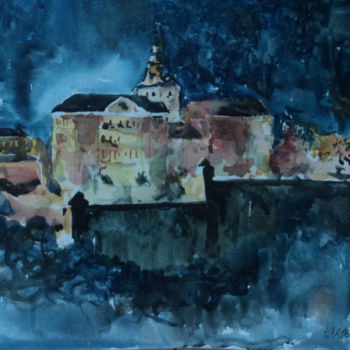 Painting titled "L'abbaye la nuit" by Claude Hardenne, Original Artwork, Watercolor