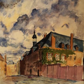 Painting titled "street in Mons" by Claude Hardenne, Original Artwork, Watercolor