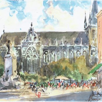 Pintura intitulada "Liége, la cathédrale" por Claude Hardenne, Obras de arte originais, Aquarela