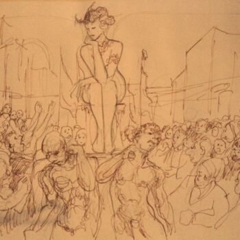 Drawing titled "L'Idole dans la cité" by Claude Hardenne, Original Artwork, Ink