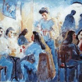 Schilderij getiteld "BLUE CAFE" door Claude Hardenne, Origineel Kunstwerk