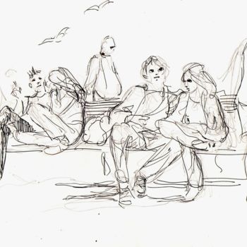 Drawing titled ""Amoureux des bancs…" by Claude Hardenne, Original Artwork