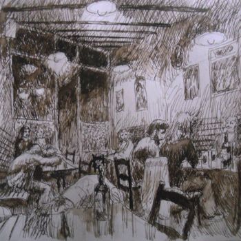 Dessin intitulée "Café de nuit" par Claude Hardenne, Œuvre d'art originale