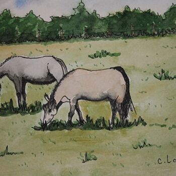 Painting titled "les chevaux" by Claude Lacointe, Original Artwork, Watercolor