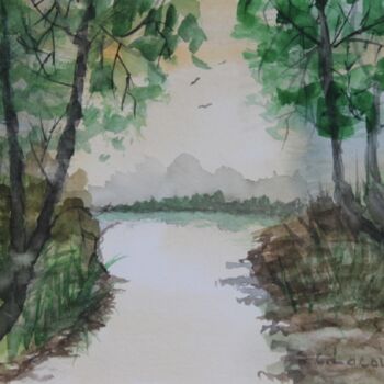 Painting titled "paysage(1)" by Claude Lacointe, Original Artwork, Watercolor