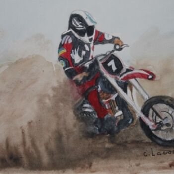 Painting titled "moto cross" by Claude Lacointe, Original Artwork, Watercolor