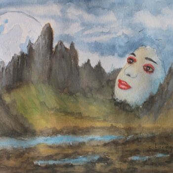 Peinture intitulée "visage a la lune" par Claude Lacointe, Œuvre d'art originale, Aquarelle