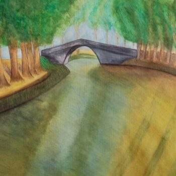 Painting titled "Canal du Midi" by Claude Lali, Original Artwork, Watercolor