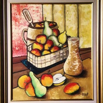 Painting titled "pommes poires" by Claude Lamamy, Original Artwork, Oil Mounted on Wood Stretcher frame