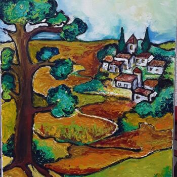 Painting titled "village en ardeche" by Claude Lamamy, Original Artwork, Oil