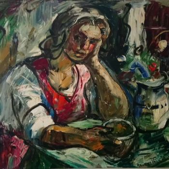 Painting titled "femme assise tenant…" by Art Plaisir, Original Artwork, Oil