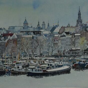 Painting titled "Amsterdam" by Claude Marchalot, Original Artwork, Watercolor Mounted on Other rigid panel