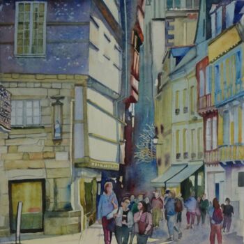 Painting titled "Quimper, rue Kéréon" by Claude Marchalot, Original Artwork, Watercolor Mounted on Other rigid panel